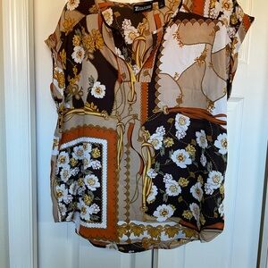 7th Avenue Women's Patchwork Floral Blouse - Black, Brown, Gold, White, Orange